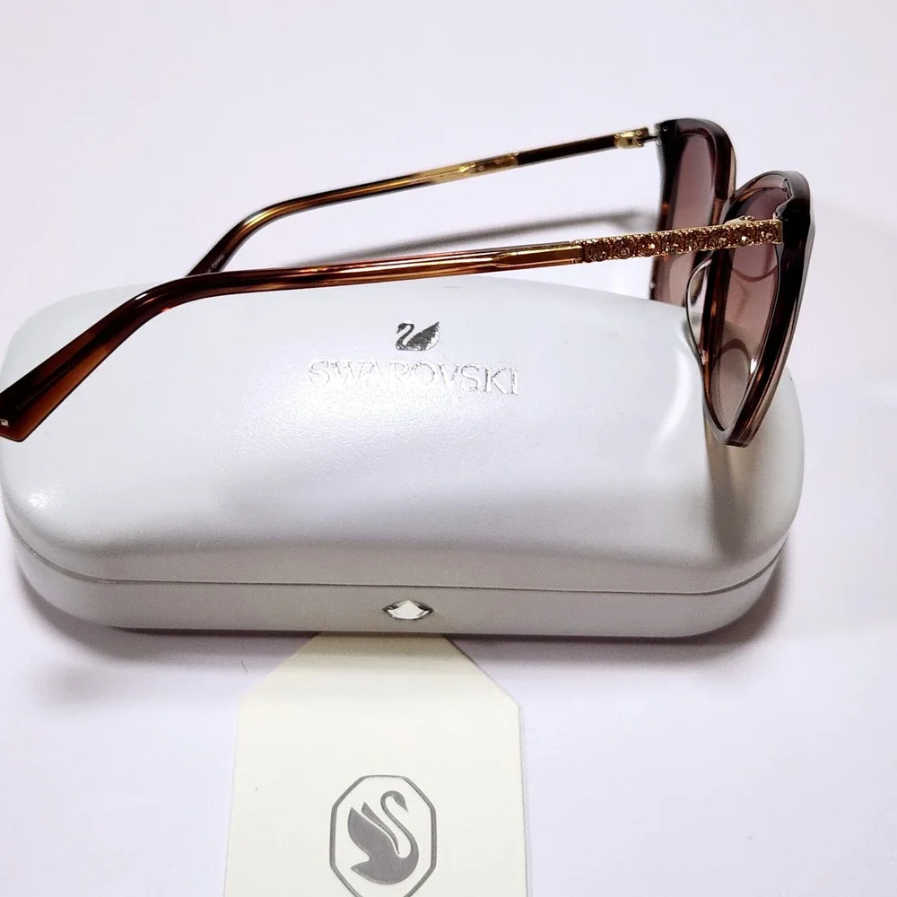 Swarovski Brown Tortoiseshell Cat Eye Sunglasses with Crystal Temples and Case